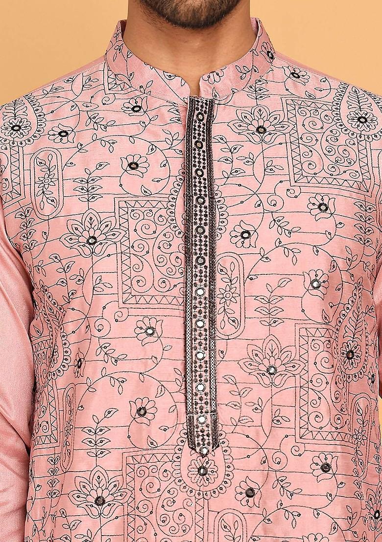 Magenta Embroidered Poly Blend Kurta Set For Men