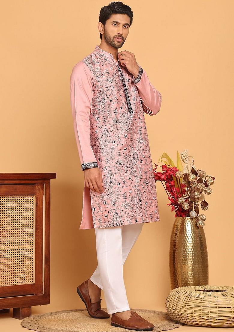 Magenta Embroidered Poly Blend Kurta Set For Men