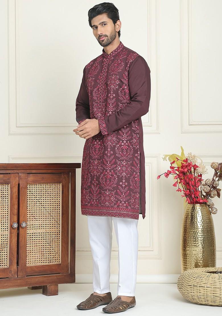 Purple Embroidered Poly Blend Kurta Set For Men