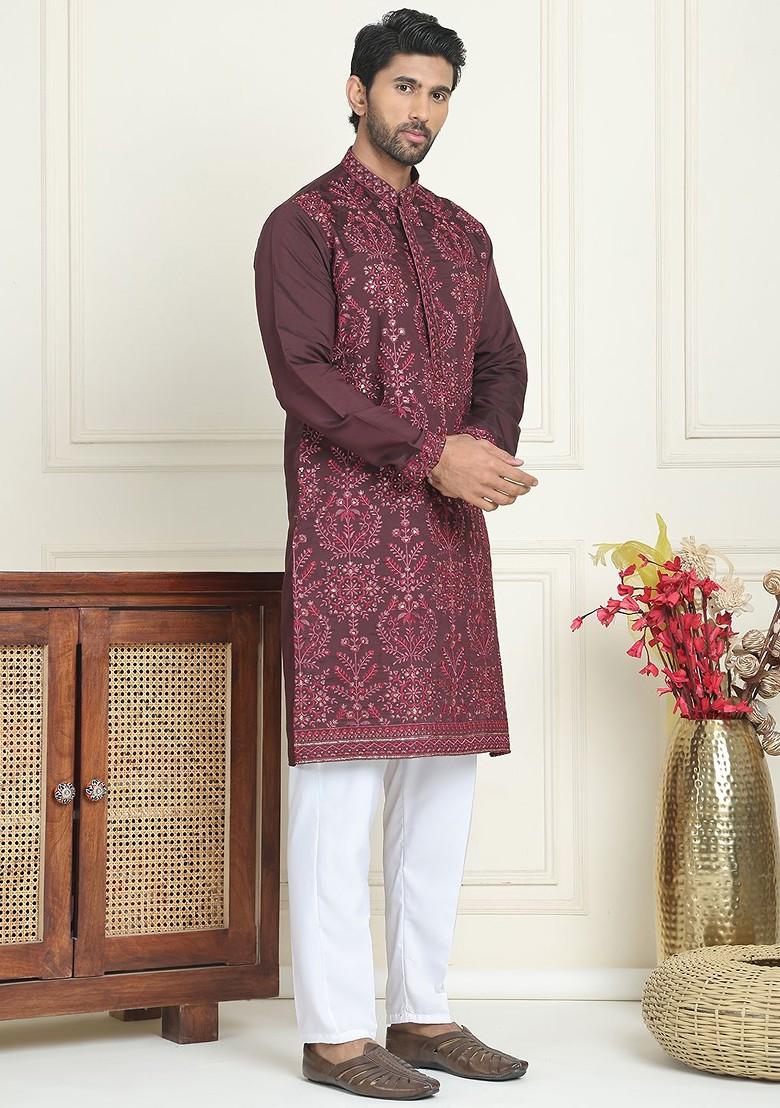 Purple Embroidered Poly Blend Kurta Set For Men