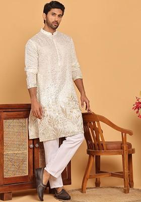 Beige Printed Poly Blend Kurta Set For Men