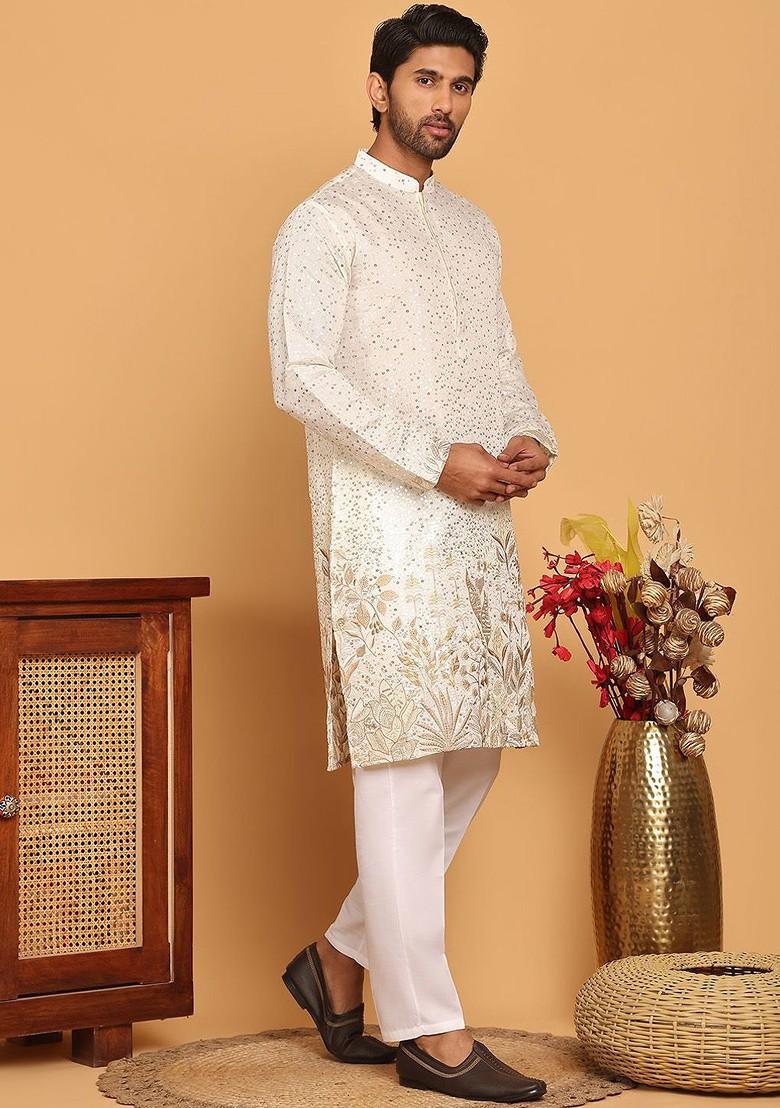 Beige Printed Poly Blend Kurta Set For Men