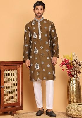 Brown Embroidered Poly Blend Kurta Set For Men