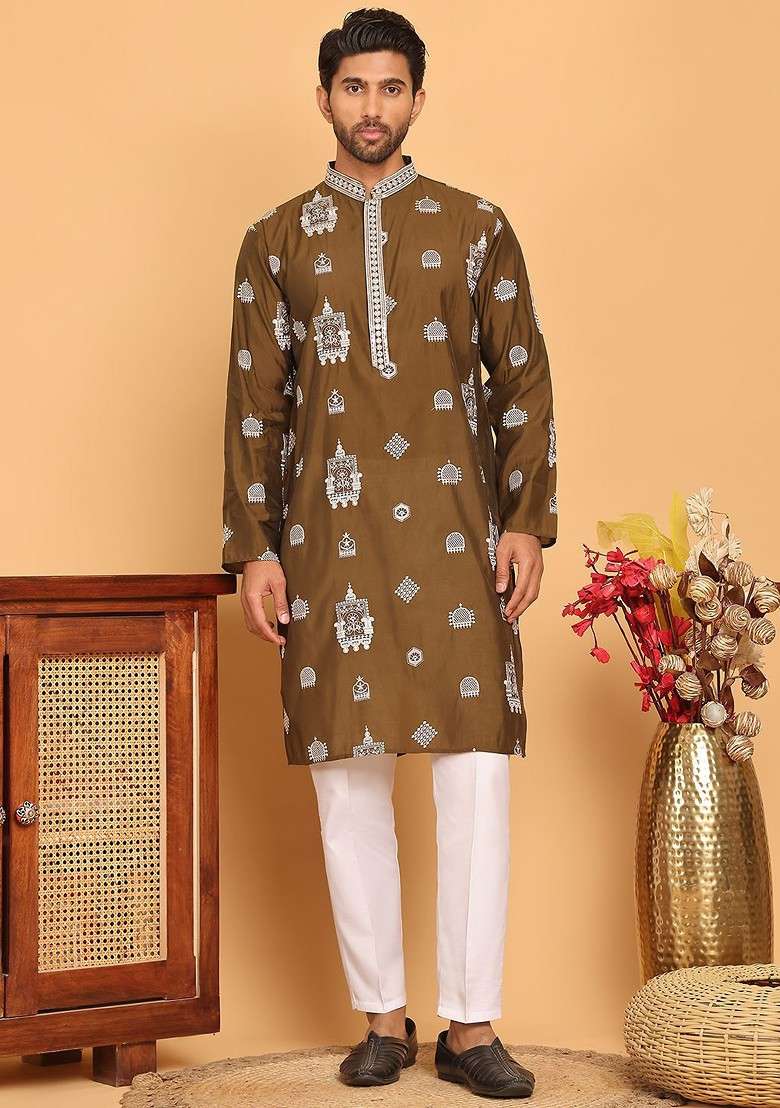 Brown Embroidered Poly Blend Kurta Set For Men - Indya
