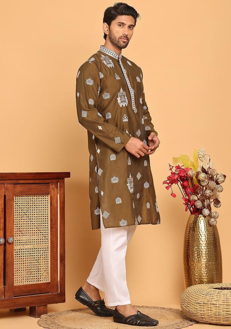 Brown Embroidered Poly Blend Kurta Set For Men