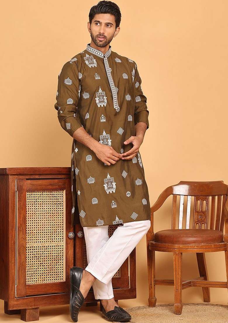 Brown Embroidered Poly Blend Kurta Set For Men - Indya