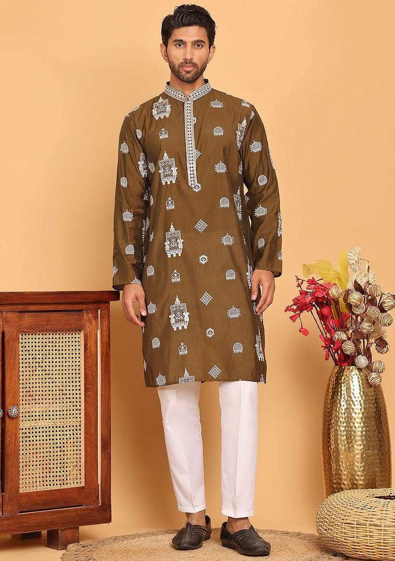 Brown Embroidered Poly Blend Kurta Set For Men