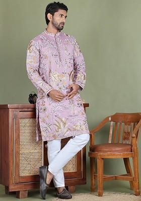 Purple Printed Poly Blend Kurta Set For Men