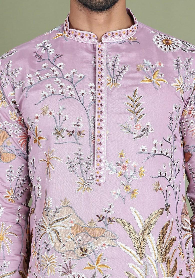 Purple Printed Poly Blend Kurta Set For Men