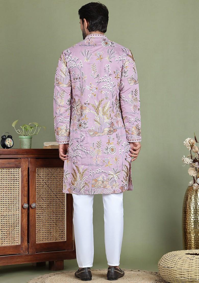 Purple Printed Poly Blend Kurta Set For Men