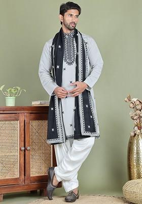 Grey Embroidered Poly Blend Kurta Set For Men