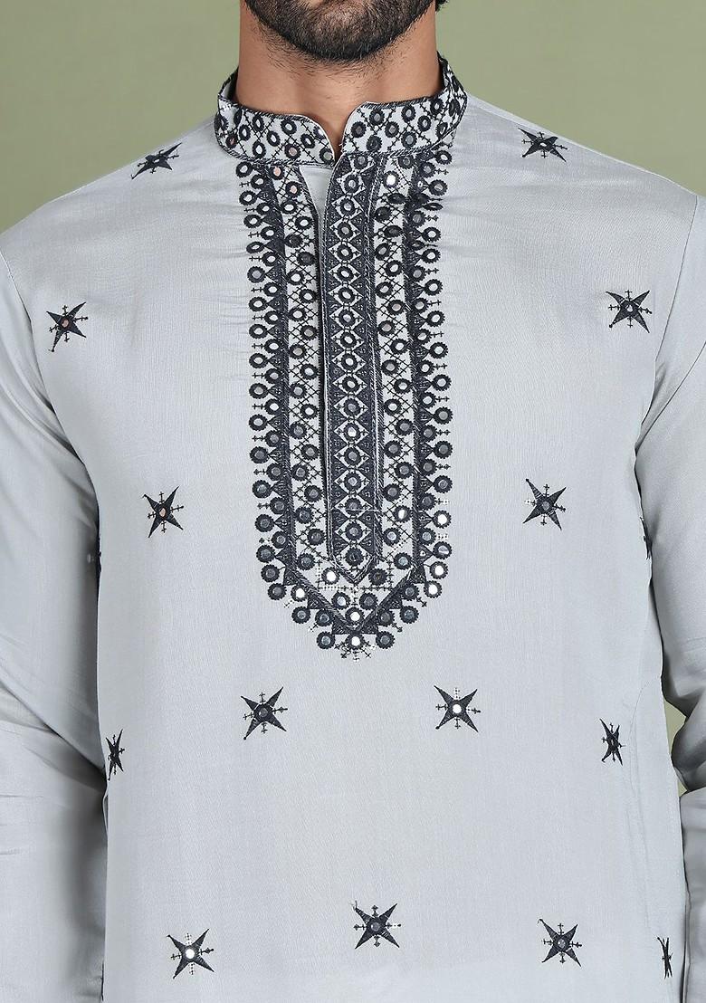 Grey Embroidered Poly Blend Kurta Set For Men
