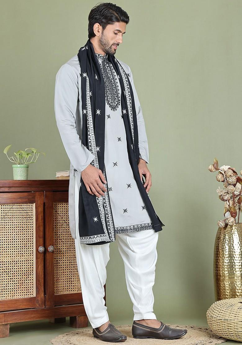 Grey Embroidered Poly Blend Kurta Set For Men