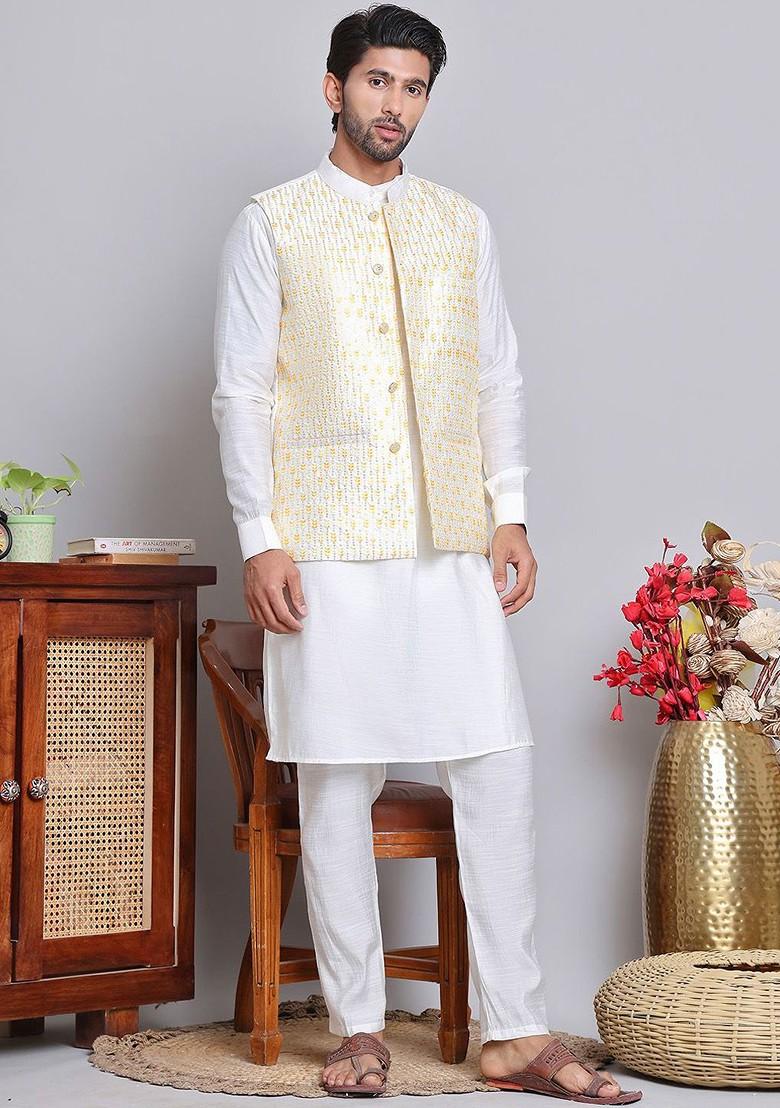 White Embroidered Poly Blend Kurta Set For Men