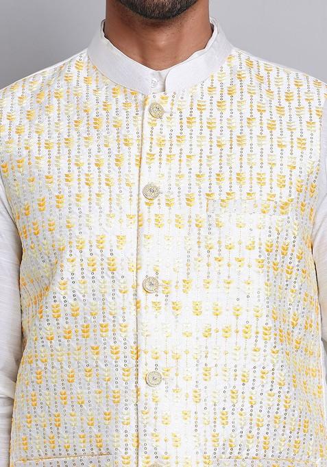 White Embroidered Poly Blend Kurta Set For Men