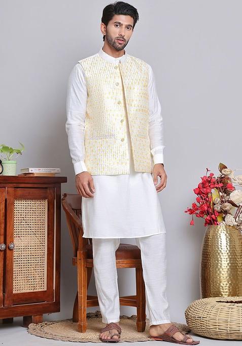 White Embroidered Poly Blend Kurta Set For Men