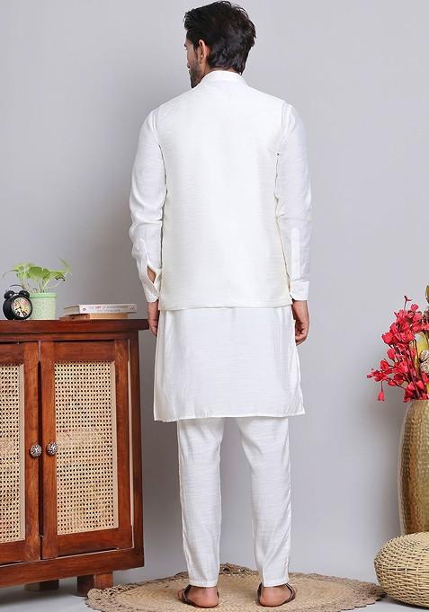 White Embroidered Poly Blend Kurta Set For Men
