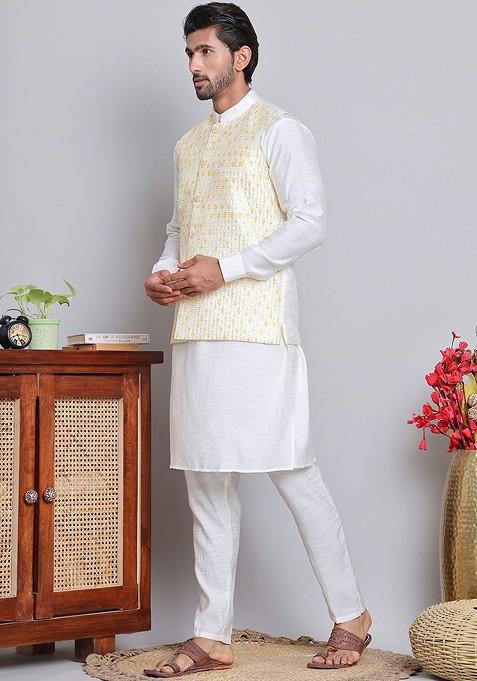 White Embroidered Poly Blend Kurta Set For Men