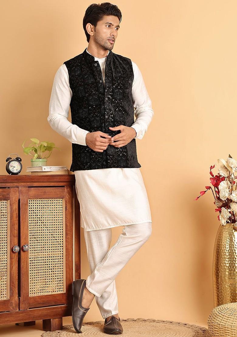 White Velvet Poly Blend Kurta Set For Men