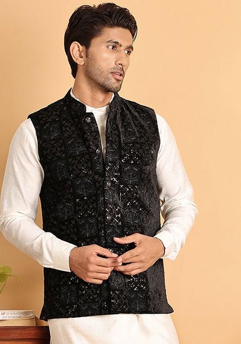 White Velvet Poly Blend Kurta Set For Men