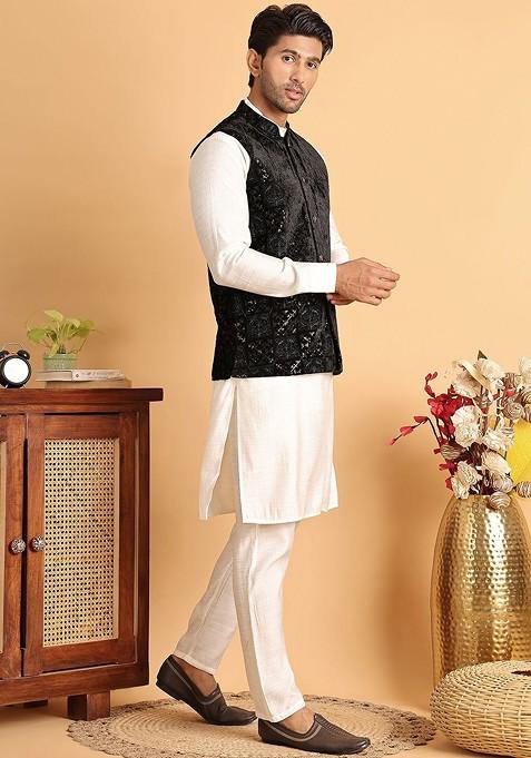 White Velvet Poly Blend Kurta Set For Men