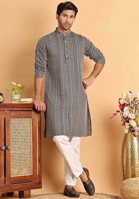 Grey Embroidered Poly Blend Kurta Set For Men