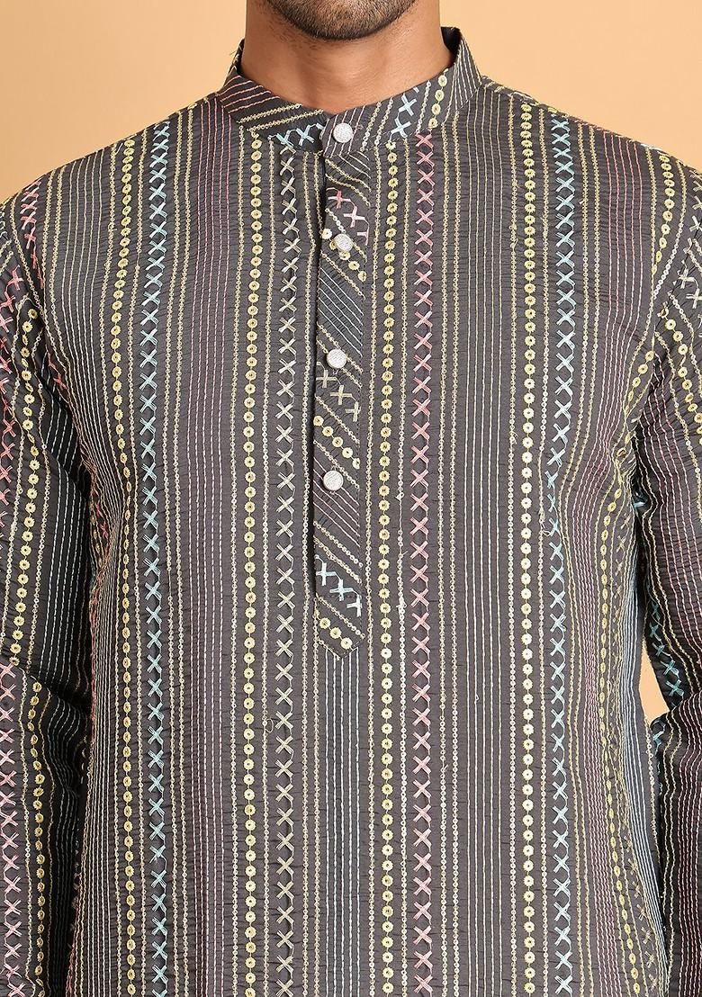 Grey Embroidered Poly Blend Kurta Set For Men