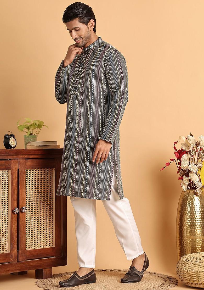 Grey Embroidered Poly Blend Kurta Set For Men