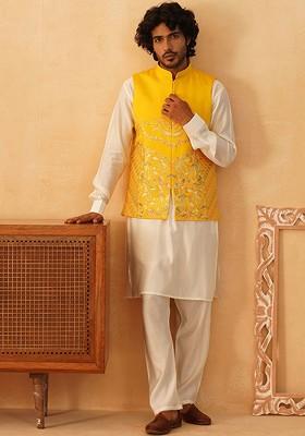 Off White Embroidered Poly Blend Kurta Set For Men