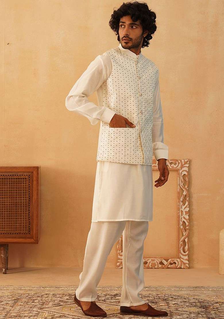 Off White Embroidered Poly Blend Kurta Set For Men - Indya