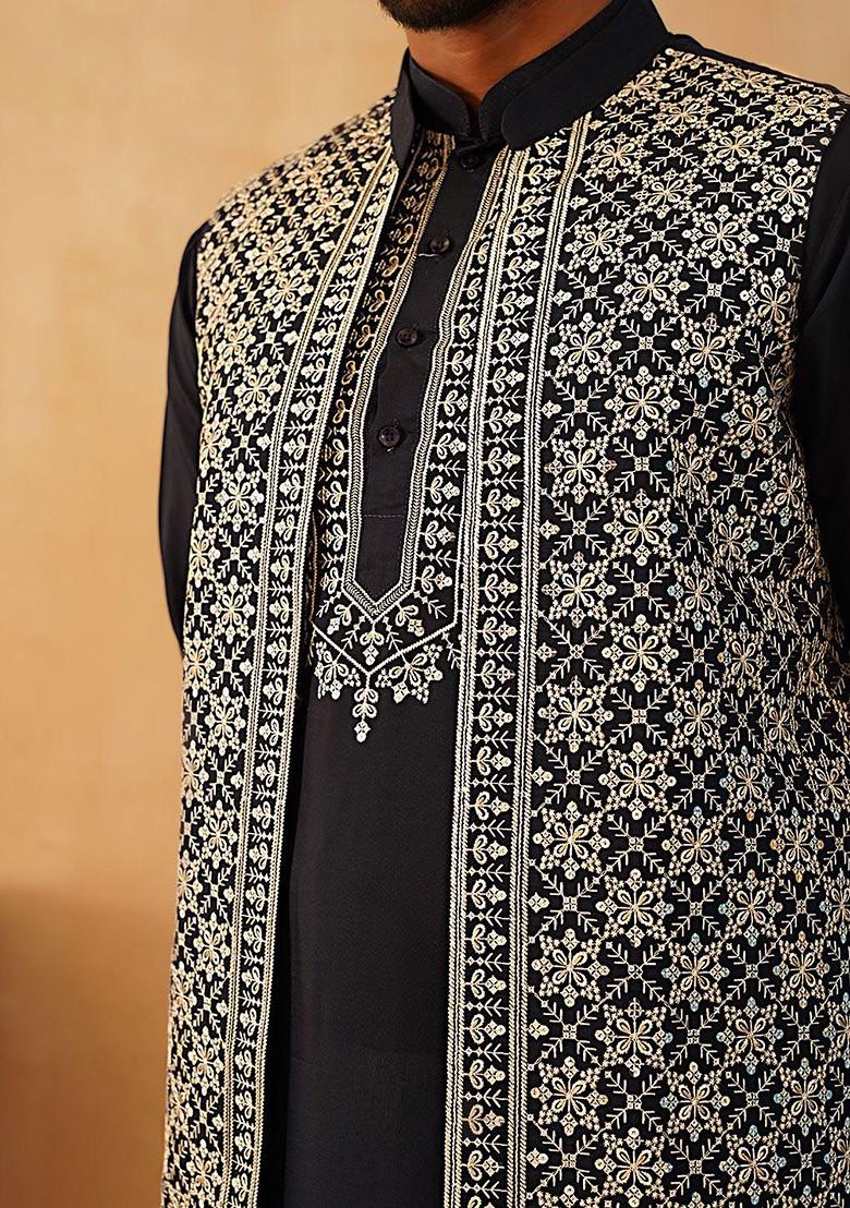 Navy Blue Embroidered Poly Blend Kurta Set For Men