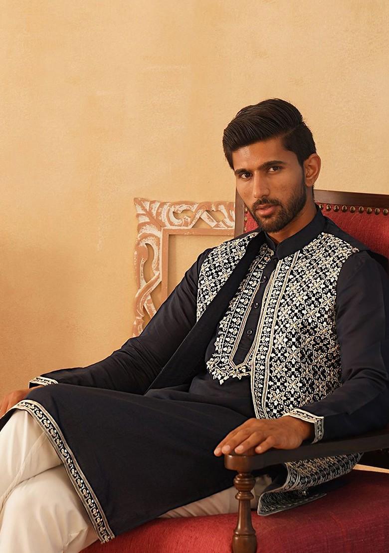 Navy Blue Embroidered Poly Blend Kurta Set For Men