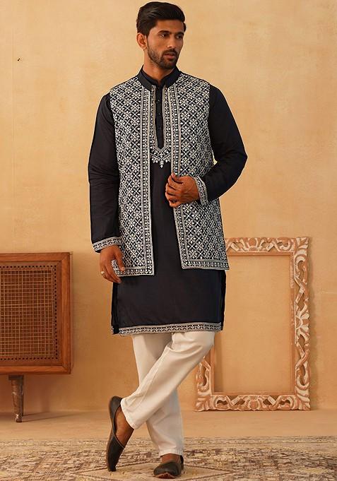 Navy Blue Embroidered Poly Blend Kurta Set For Men