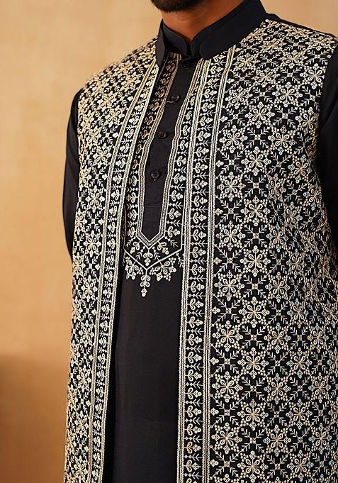 Navy Blue Embroidered Poly Blend Kurta Set For Men