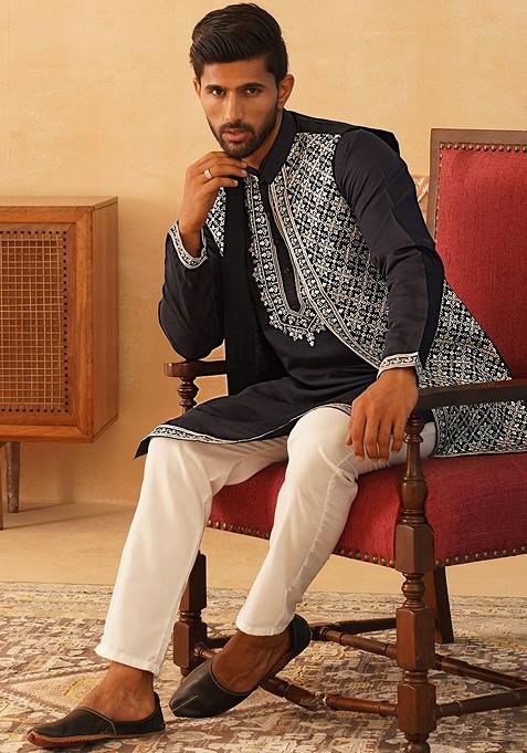 Navy Blue Embroidered Poly Blend Kurta Set For Men