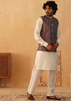 Purple Embroidered Poly Blend Kurta Set For Men
