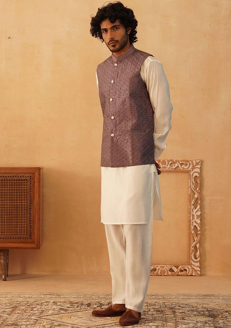 Purple Embroidered Poly Blend Kurta Set For Men