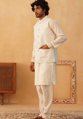 Off White Embroidered Poly Blend Kurta Set For Men