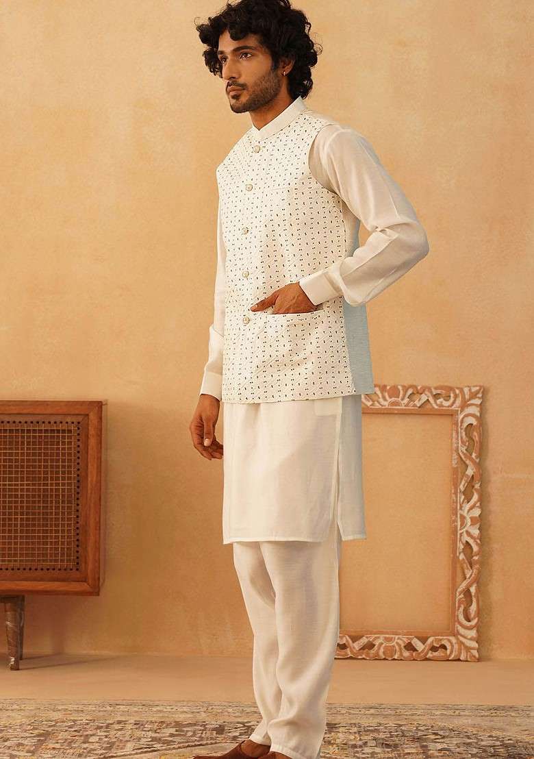 Off White Embroidered Poly Blend Kurta Set For Men - Indya