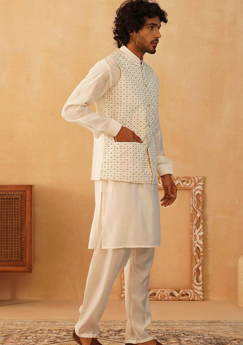 Off White Embroidered Poly Blend Kurta Set For Men