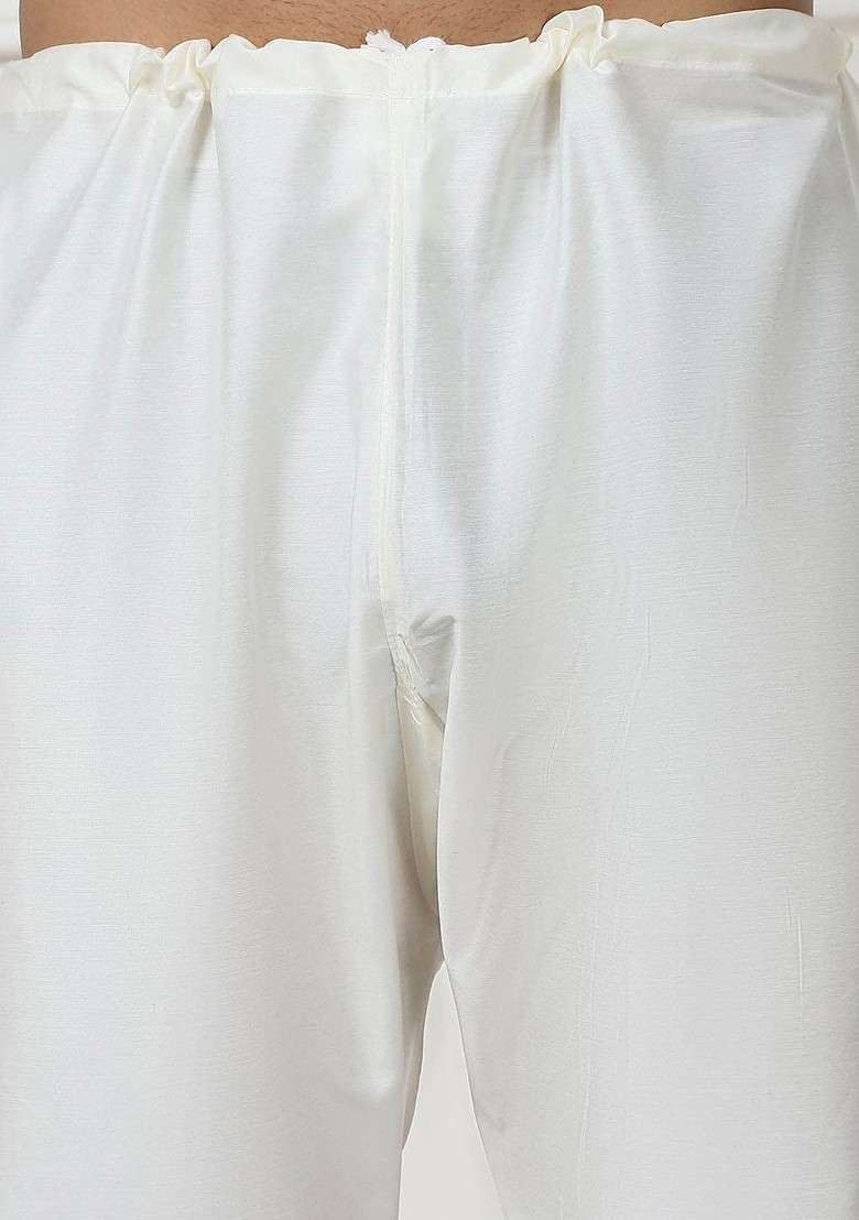 Off White Embroidered Poly Blend Kurta Set For Men - Indya