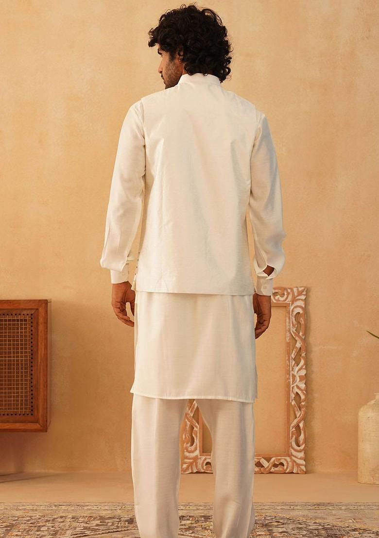 Off White Embroidered Poly Blend Kurta Set For Men