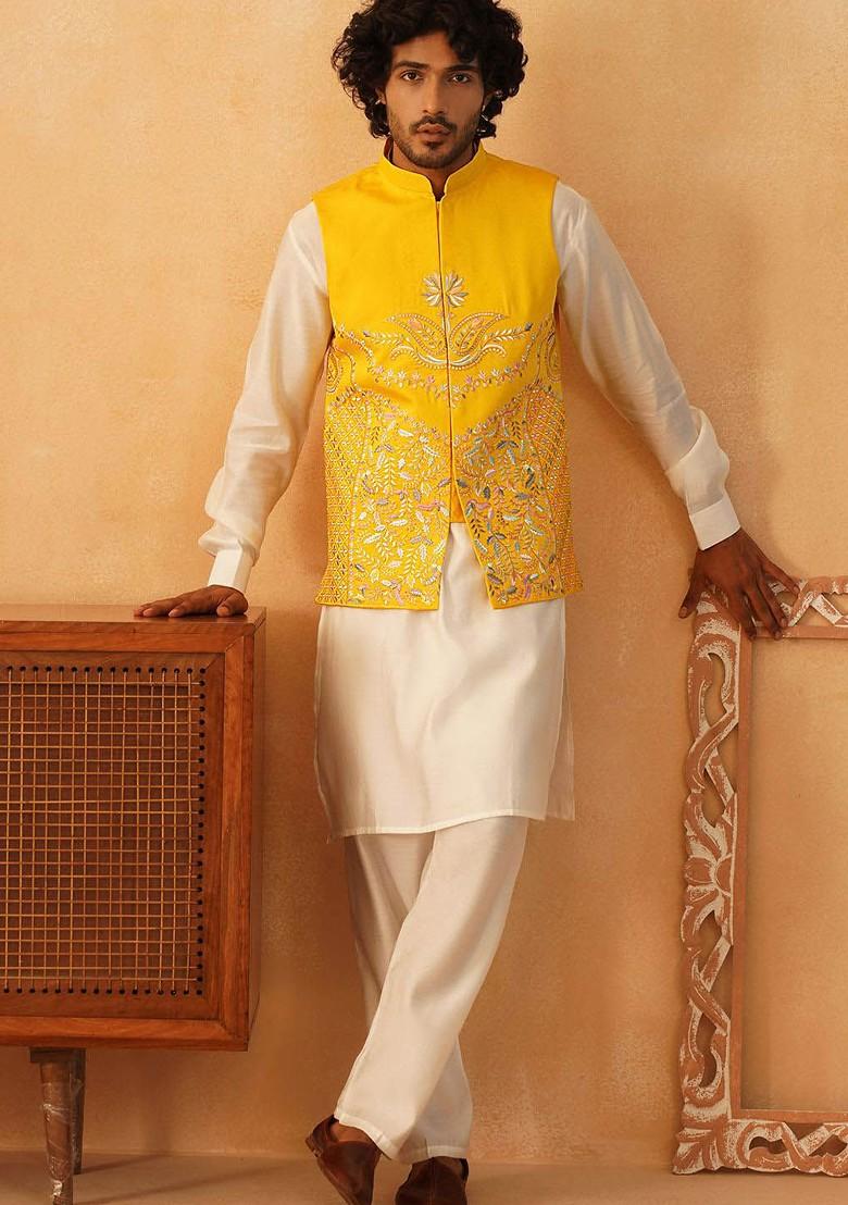 Off White Embroidered Poly Blend Kurta Set For Men