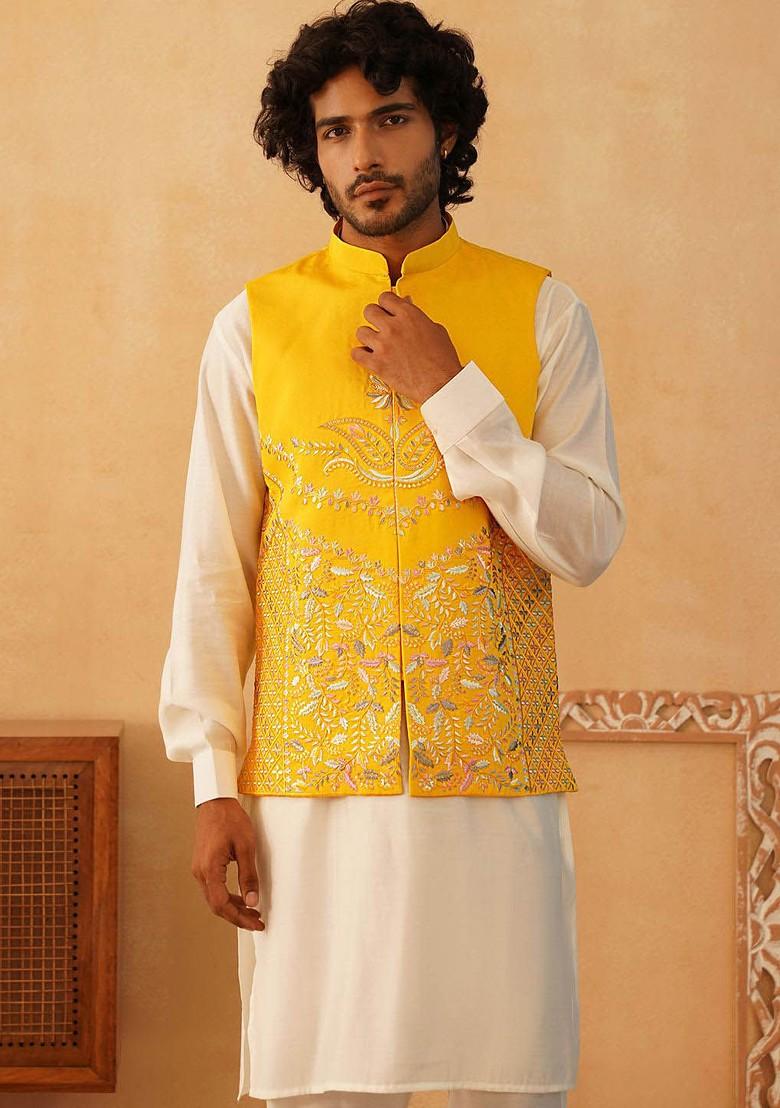 Off White Embroidered Poly Blend Kurta Set For Men
