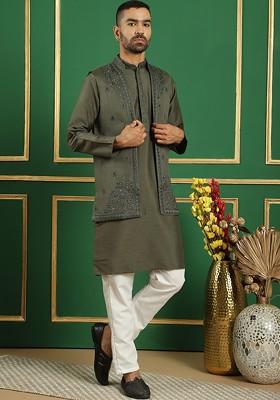 Grey Embroidered Poly Blend Kurta Set For Men