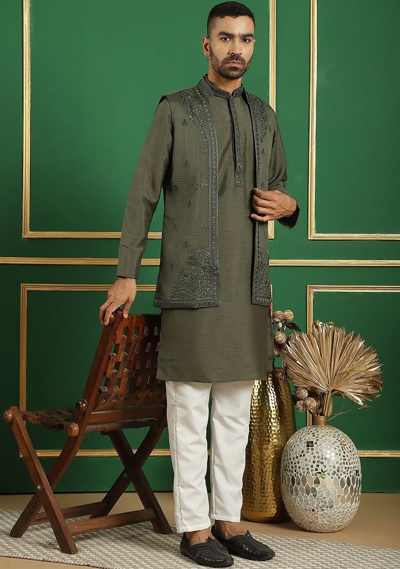 Grey Embroidered Poly Blend Kurta Set For Men