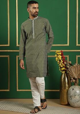 Olive Embroidered Poly Blend Kurta Set For Men