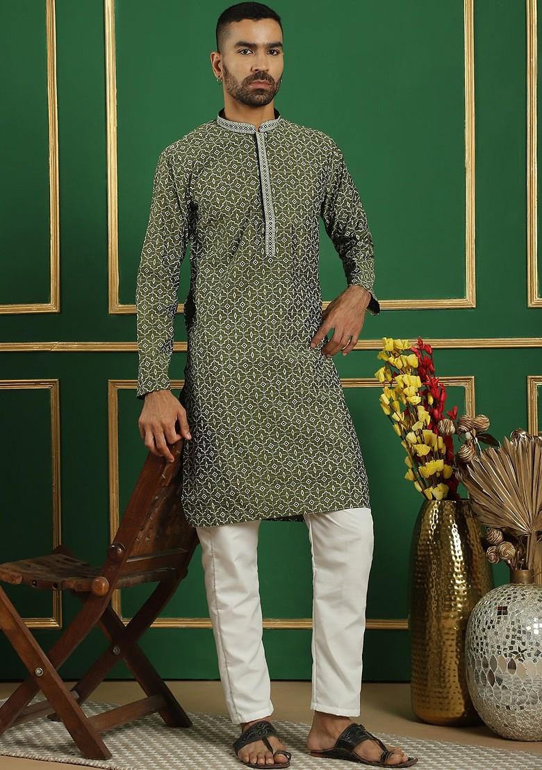 Olive Embroidered Poly Blend Kurta Set For Men