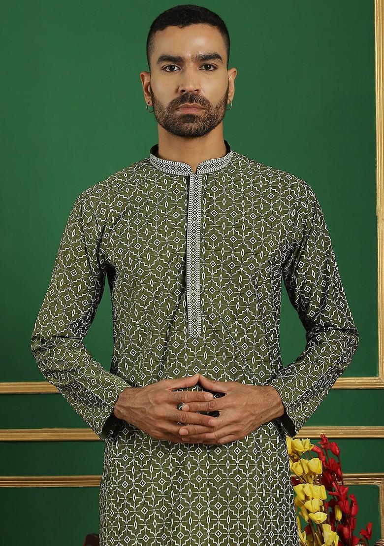Olive Embroidered Poly Blend Kurta Set For Men