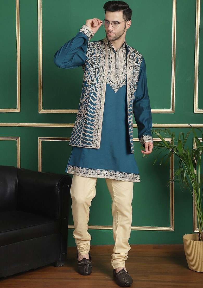 Teal Blue Embroidered Poly Blend Kurta Set For Men - Indya